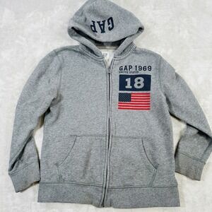 GAP Kids Patriotic Flag Graphic Full Zip Hoodie Heather Grey XL 12